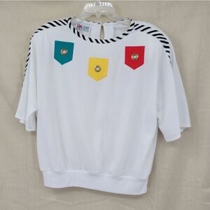Robbie Sport Vintage Nautical 80s Blouse White  Short Sleeves Stripe Details